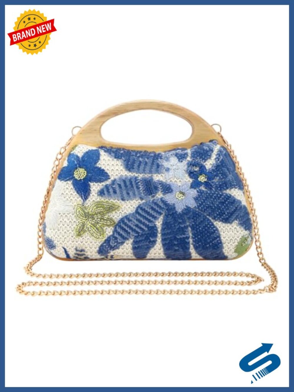 Straw Clutch Evening Bag with Embroidered Flowers and Wooden Handle